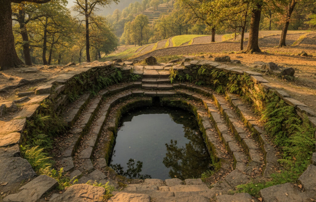 Ancient naula water system in Uttarakhand surrounded by oak forest and Himalayan hills