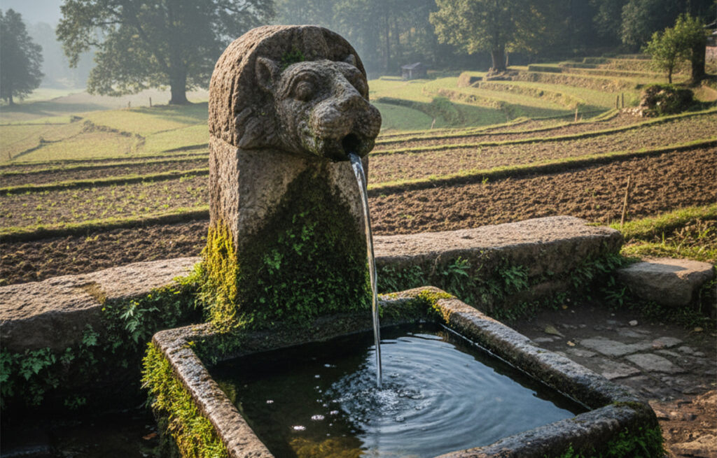 Traditional dhara stone water spout flowing in a Himalayan village