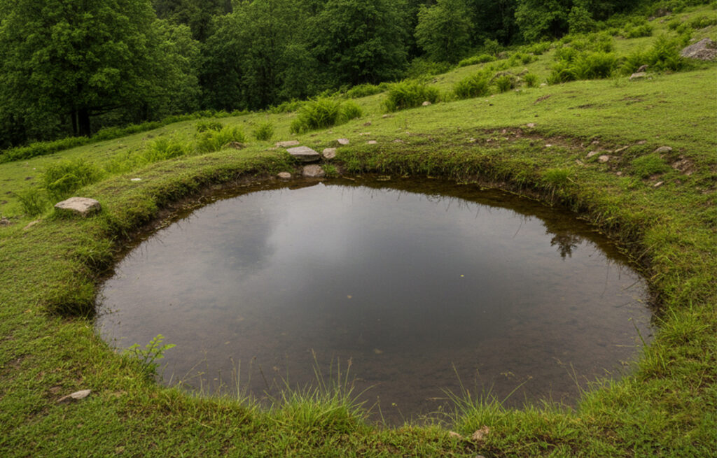 Traditional chal-khal rainwater harvesting pond in the hills of Uttarakhand