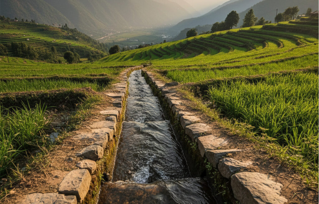 Traditional gul irrigation channel guiding water through terraced fields in Uttarakhand