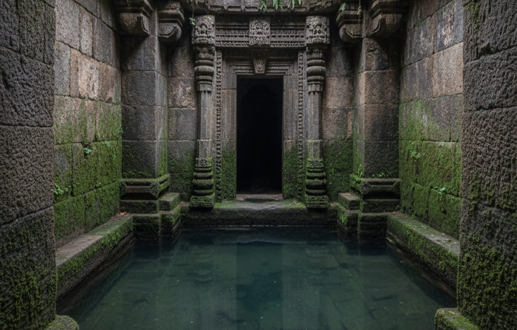 Traditional stone naula chamber in Kumaon with carved pillars and natural spring water