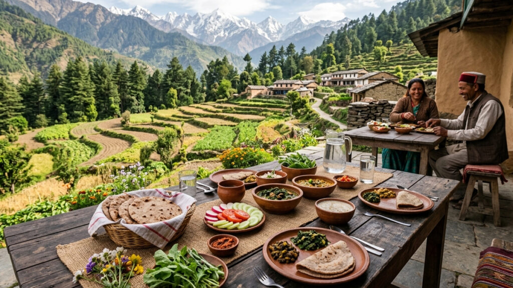 Farm-to-table dining experience in Uttarakhand with fresh Kumaoni dishes served outdoors in a Himalayan village setting.