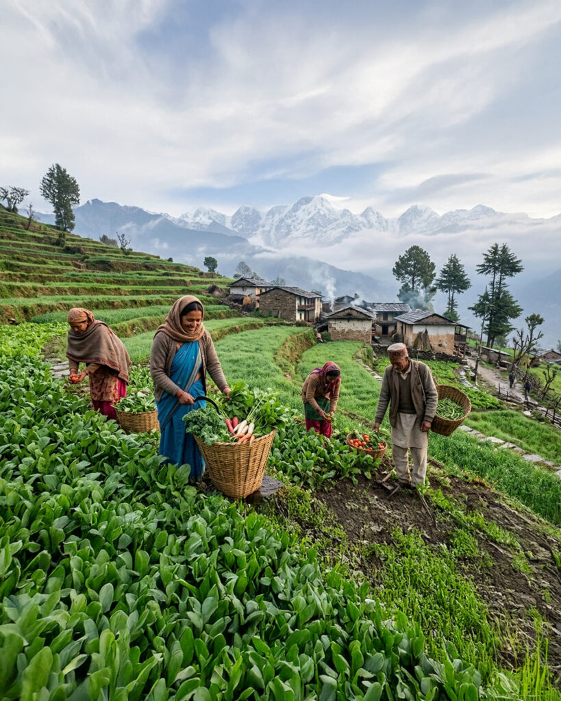 Local farmers harvesting fresh vegetables from terraced farms in the Himalayan villages of Uttarakhand.