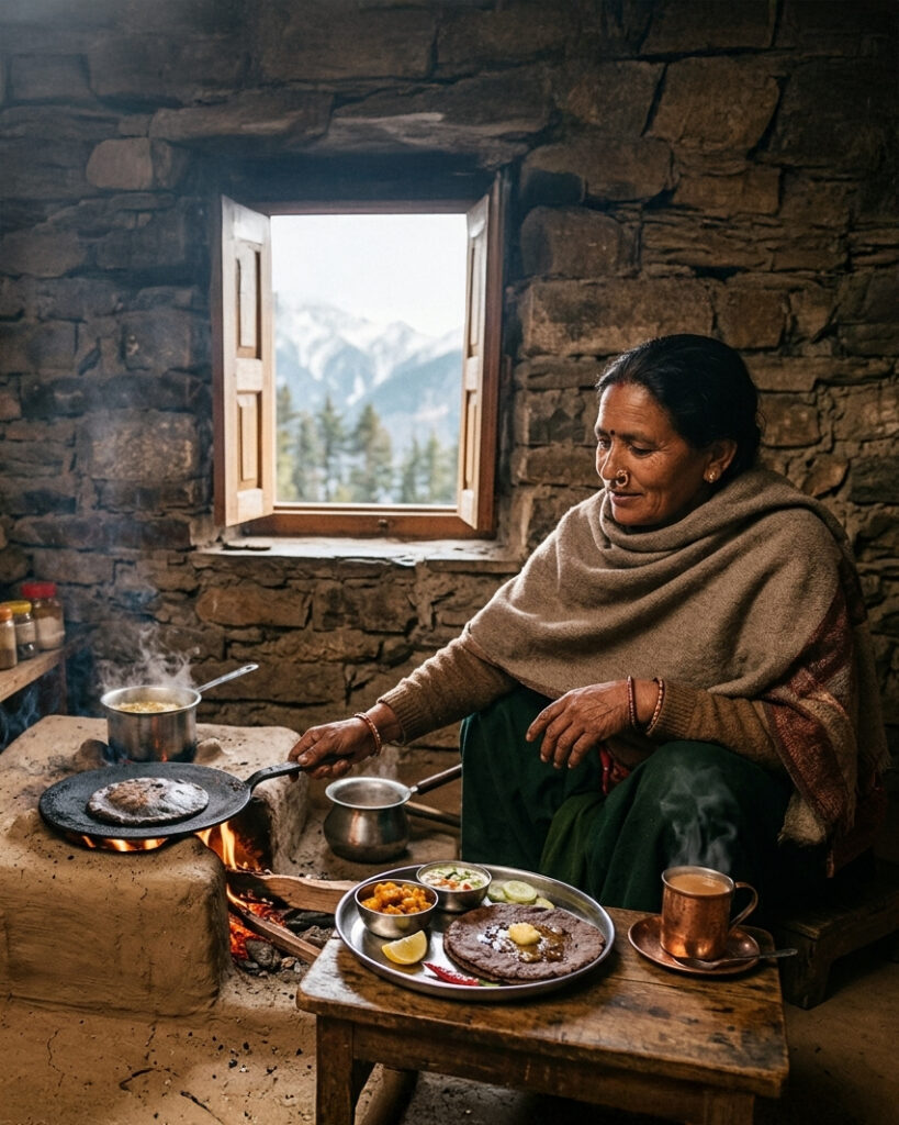 Traditional Kumaoni breakfast with mandua roti and chai prepared on a wood fired chulha in a Himalayan village