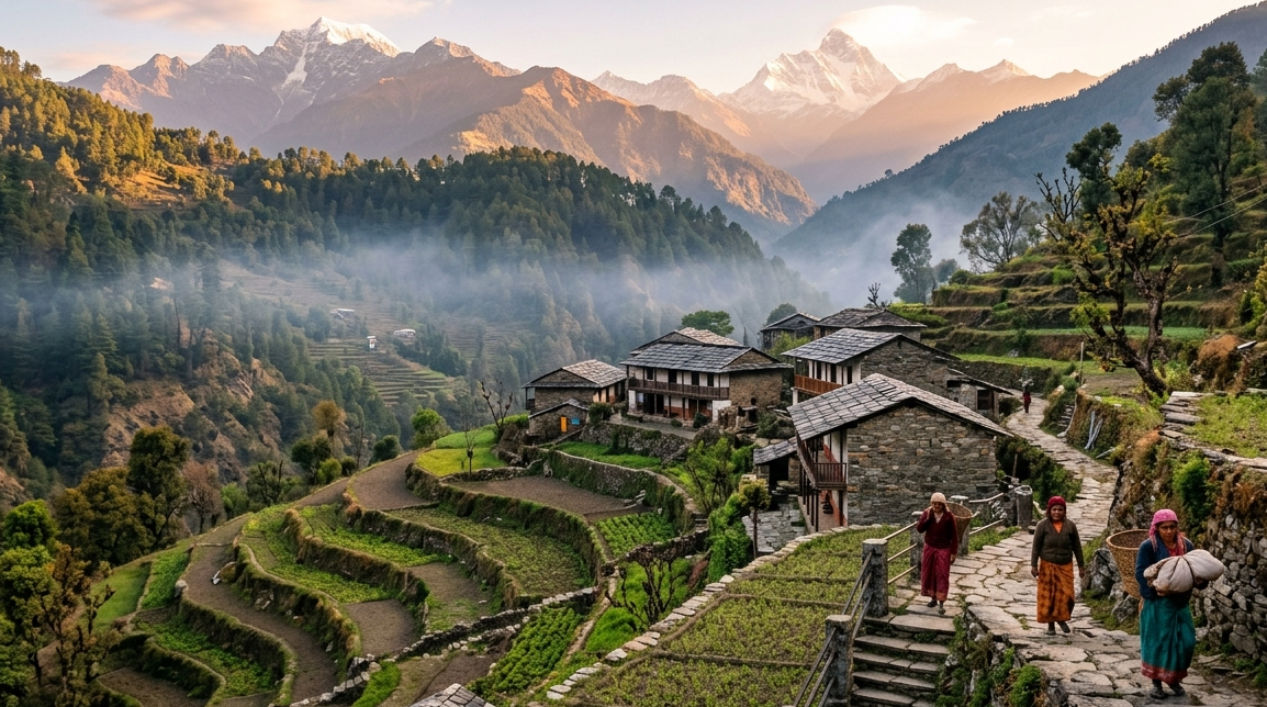 Morning sunrise over a peaceful Himalayan village in Uttarakhand with terraced fields and traditional stone houses