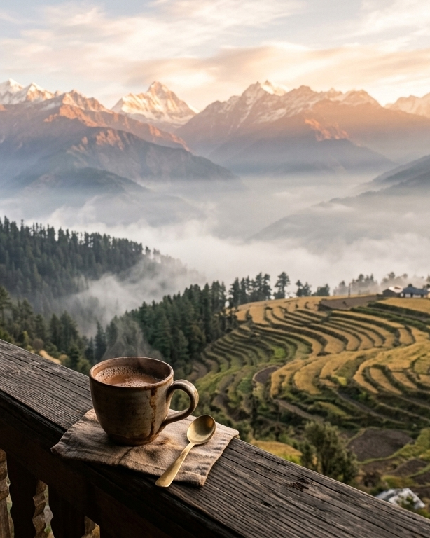 Cup of hot chai on a balcony overlooking misty Himalayan mountains during sunrise