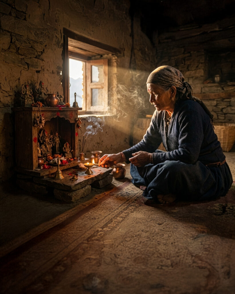 Traditional morning prayer ritual inside a Himalayan village home in Uttarakhand with oil lamp and incense