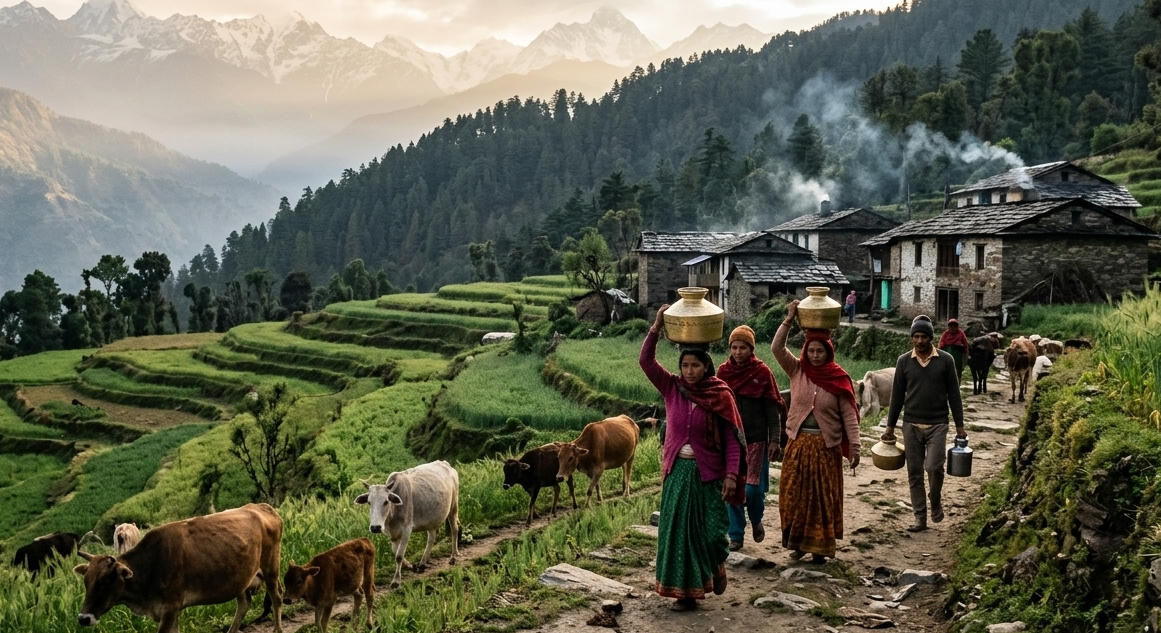 Villagers collecting water from a natural spring during early morning in a Himalayan village in Uttarakhand