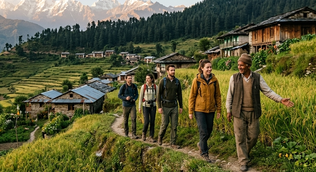 Travelers walking through terraced farms during a village experience in the Kumaon region of Uttarakhand.