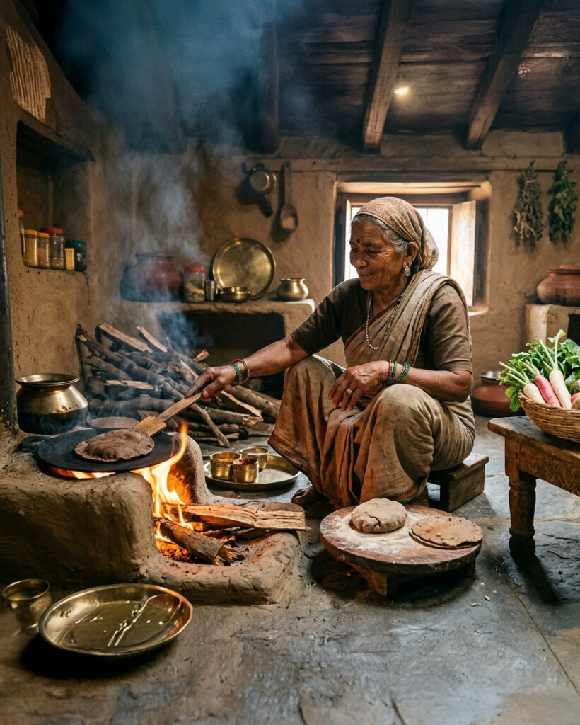 Traditional Kumaoni cooking in a Himalayan village kitchen using fresh farm ingredients and wood-fired stoves.