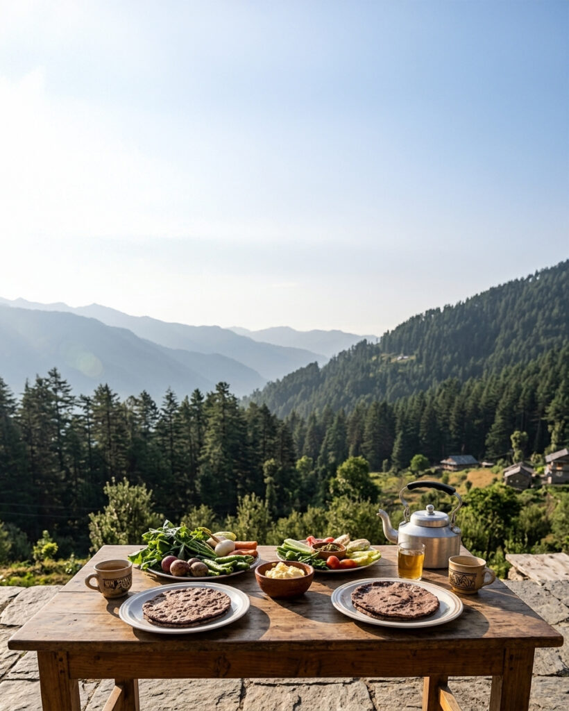 Rustic farm-to-table meal in Uttarakhand featuring mandua roti, aloo ke gutke, and traditional Kumaoni dishes.