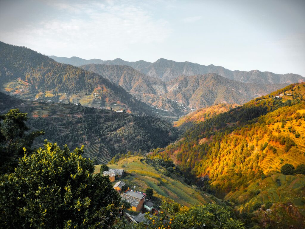 Peaceful sunrise over the Kumaon Himalayas at 6000 ft